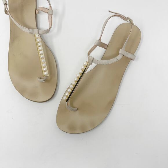 ALDO Womens US 9 EUR 40 Cream Faux Pearl Thong Sandals Ankle Strap Flat - Picture 1 of 12